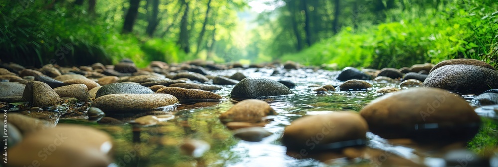 Poster a serene view of a riverbed with smooth stones, surrounded by lush greenery and soft light filtering