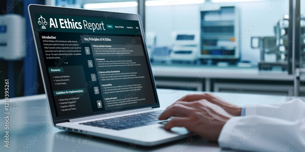 Poster ai ethics responsibility standard law and rules on computer screen provide report of ai ethic transp