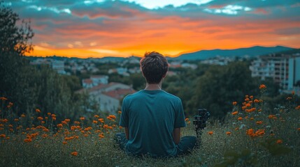 A young man sits in a field of flowers watching the sunset over a city.