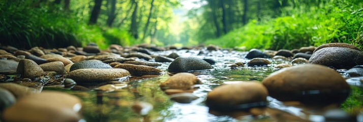 A serene view of a riverbed with smooth stones, surrounded by lush greenery and soft light filtering through trees, creating a peaceful atmosphere. timberland background