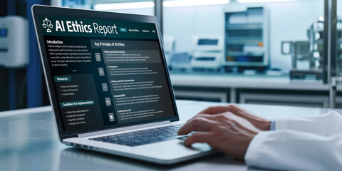 AI ethics responsibility standard law and rules on computer screen provide report of AI ethic transparency preventing technology crime. brisk