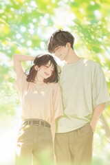 A romantic illustration of a couple enjoying a sunny day, surrounded by vibrant greenery, exuding warmth and affection.