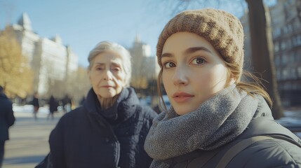 Fototapeta premium Portrait of a middle-aged granddaughter and her elderly grandmother posing together in a city park, symbolizing family bonds, generations, and shared moments outdoors.