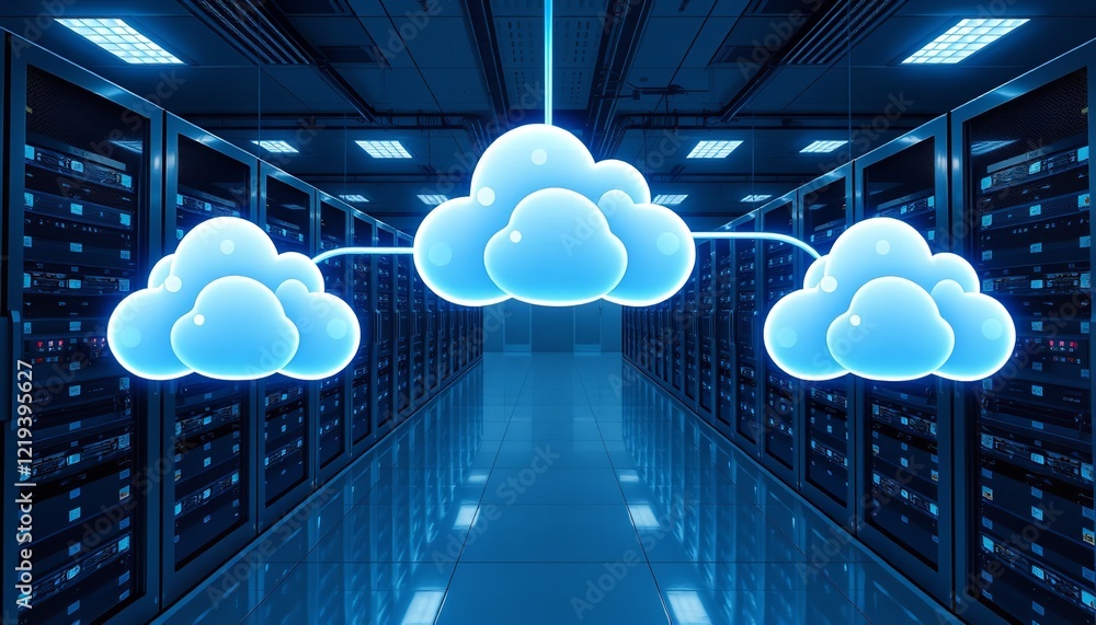 Poster cloud computing network digital data center servers technology infrastructure modern blue illuminate