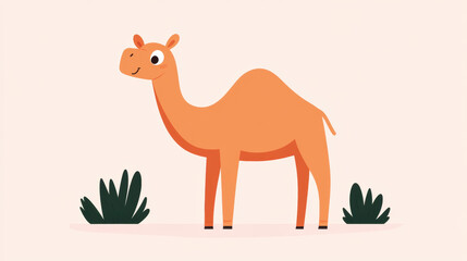 India illustration, A cartoon-style orange camel stands beside green plants on a light background.
