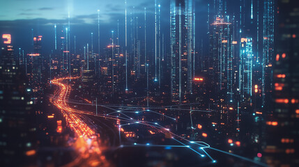 Obraz premium Smart digital Innovation city with connection network reciprocity over the twilight cityscape. of future smart wireless digital city and social media networking systems that connects people with city