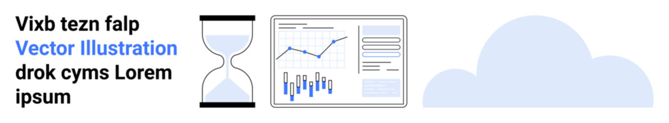 Hourglass, business analytics dashboard, and cloud icon. Ideal for time management, data analysis, corporate presentations, project planning, business strategy, statistics, and reports. Landing page