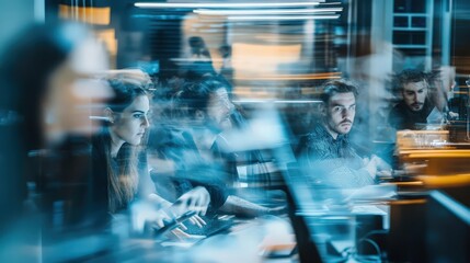 Dynamic view of a team collaborating with computers at night in a shared office space