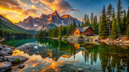 Fototapeta premium Serene Mountain Lake: Coniferous Trees, Rocks, and Calm Waters - Stunning Nature Photography