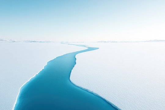 Endless white landscape meets vibrant blue river, creating seren