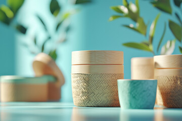 Naklejka premium Sustainable cosmetic containers presented in a bright and airy setting with a modern vibe.