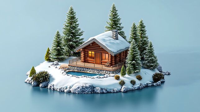 3D Icon Cozy Cabin Nestled in a Snowy Forest Illustration Logo. created with Generative AI technology