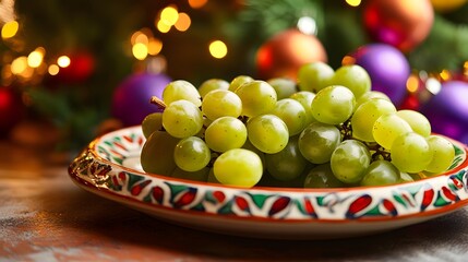 Fresh green grapes arranged on a decorative plate, set against a backdrop of festive holiday lights.