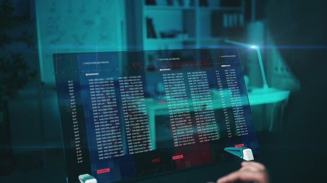 Hacker breaches a secure database with a futuristic computer, cybercrime