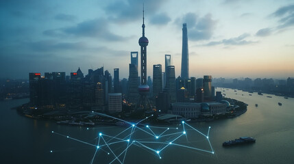 Fototapeta premium Smart digital Innovation city with connection network reciprocity over the twilight cityscape. of future smart wireless digital city and social media networking systems that connects people with city