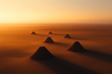 Majestic landscape features mysterious pyramids rising from gold