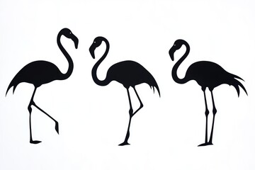 Three black flamingos standing in a row on a white background