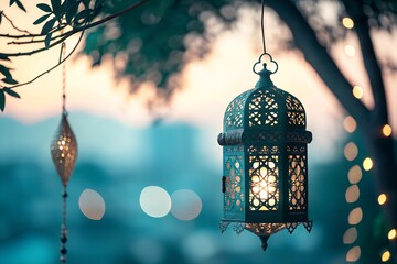 Islamic lantern hanging blur backgorund ramadan kareem eid background
