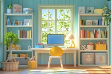Fototapeta premium Interior of a children's room with a computer on the table, bookshelves with books and a window. 3d rendering. window,chair,modern