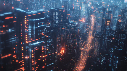 Fototapeta premium Smart digital Innovation city with connection network reciprocity over the twilight cityscape. of future smart wireless digital city and social media networking systems that connects people with city