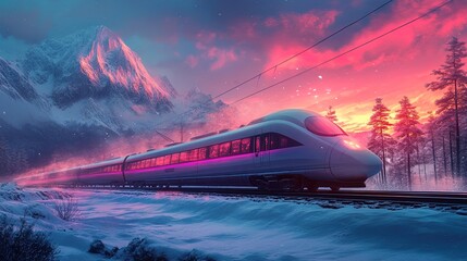 Bullet train crossing a snowy landscape, sleek and modern, vibrant colors 