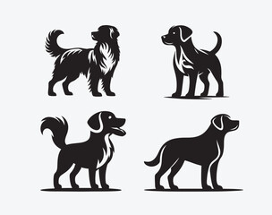 Dog Silhouettes Standing Poses - Four Black Canine Figures with Tail Up and Friendly Posture, Pet Mascot Logos for Sticker Decal T Shirt Poster and Web, Minimal Vector Icon Set
