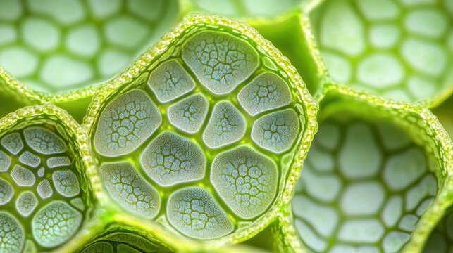 Microscopic plant cell structure, cross-section, vibrant green, detailed texture, scientific research - Powered by Adobe