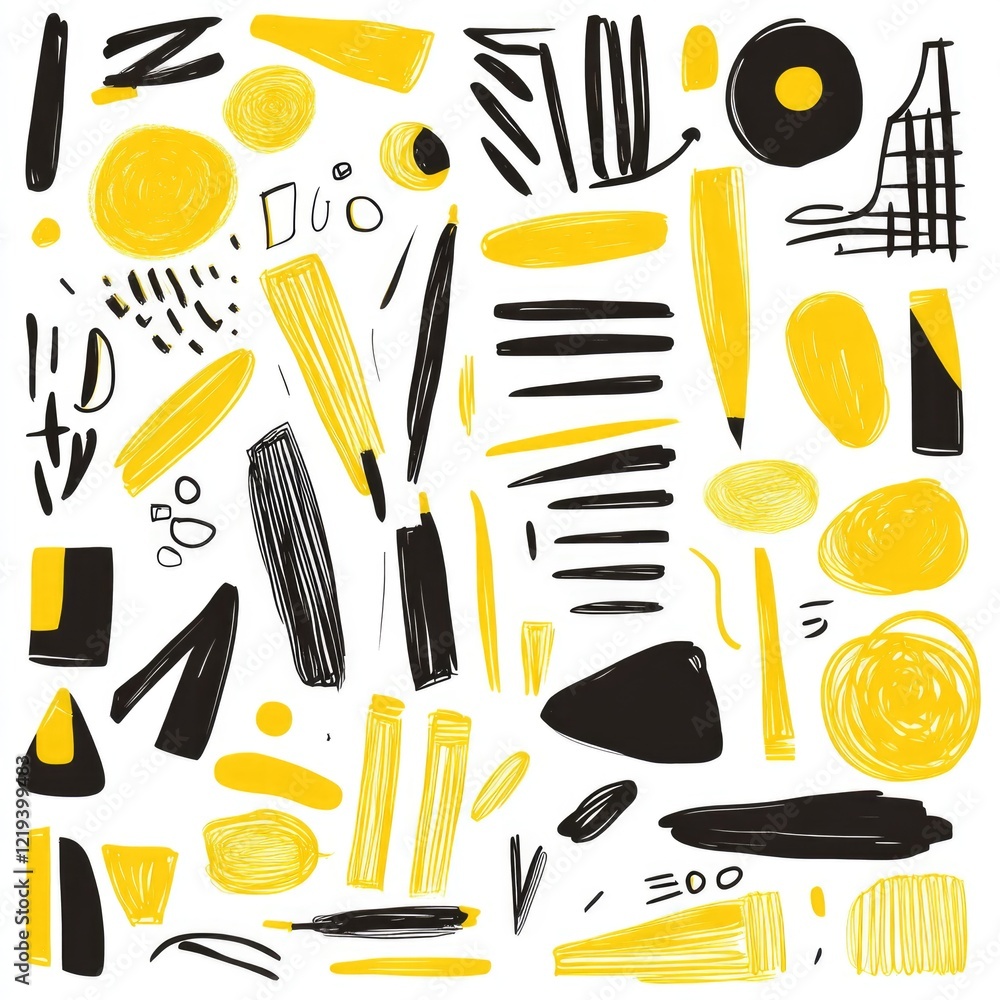 Poster a collection of yellow and black objects arranged on a white background