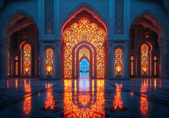 Illuminated Mosque Archways Reflecting on a Shiny Floor at Twilight

