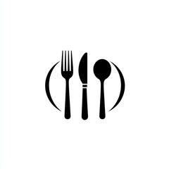 Black flatware icons on white. Fork, knife, spoon in a circle for menus, ads
