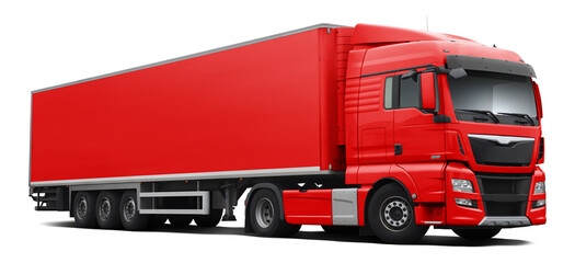 A modern European truck with a cab and semi-trailer in full red. Front side view isolated on white background.