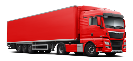 A modern European truck with a cab and semi-trailer in full red. Front side view isolated on white background.