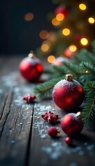 Icy red ornaments adorn a festive winter wonderland on a dark wooden table, christmas decorations, twinkling lights