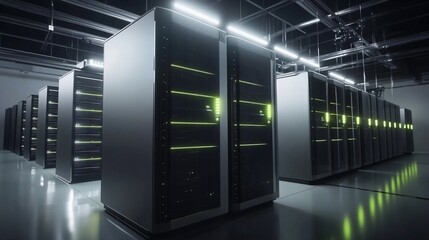 Modern server room with many racks of lit servers.