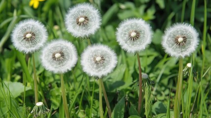 Seven Dandelions in a Lush Green Meadow