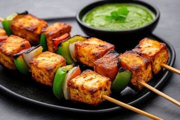 Delicious paneer tikka skewers served on dark plate. Grilled paneer cheese cubes, colorful bell peppers on wooden sticks. Small bowl of green chutney also on plate. Appetizing dish perfect for