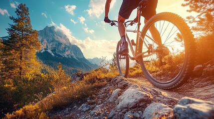 Mountain biker on a rugged trail, action-packed moment, forest landscape 