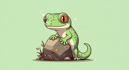 Obraz premium Cute cartoon green gecko standing upright on a simple light green background
