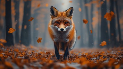 Fototapeta premium A red fox prowling through a foggy forest floor covered in autumn leaves