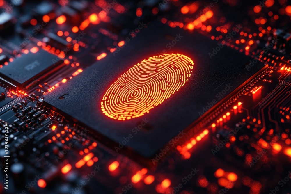 Poster a close-up of a fingerprint on a circuit board with red lights, suitable for technology and electron