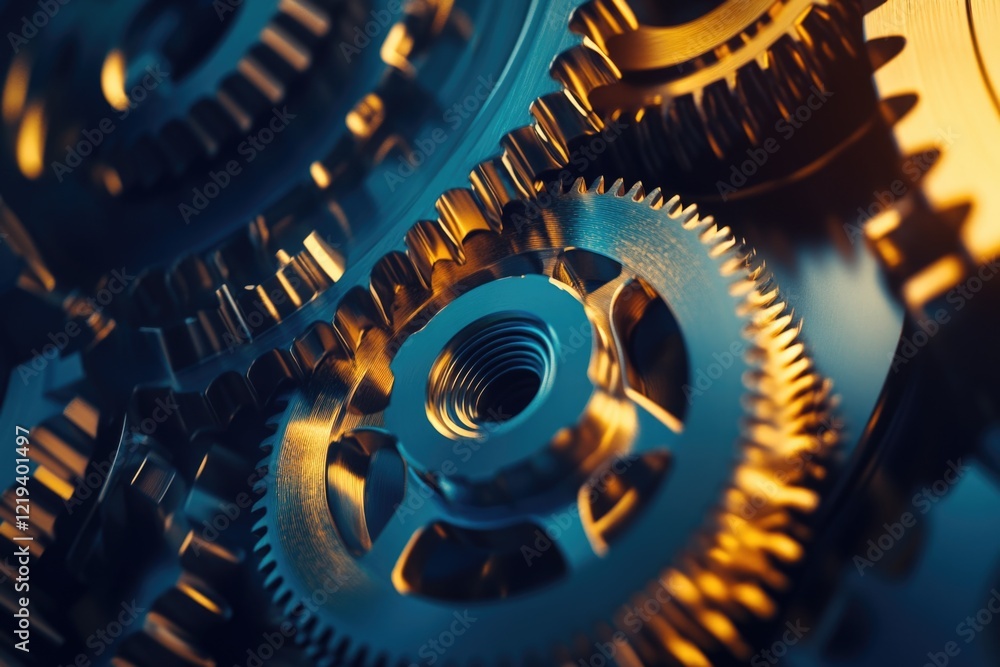 Poster a close-up shot of a cluster of interlocking gears, with detailed mechanisms and intricate design