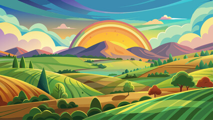 Fototapeta premium Rainbow Over Rolling Hills at Sunset, landscape, nature, photography, rainbow