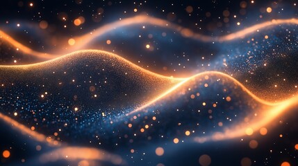Abstract futuristic digital wave with glowing orange particles. Dynamic technology background with copy space.