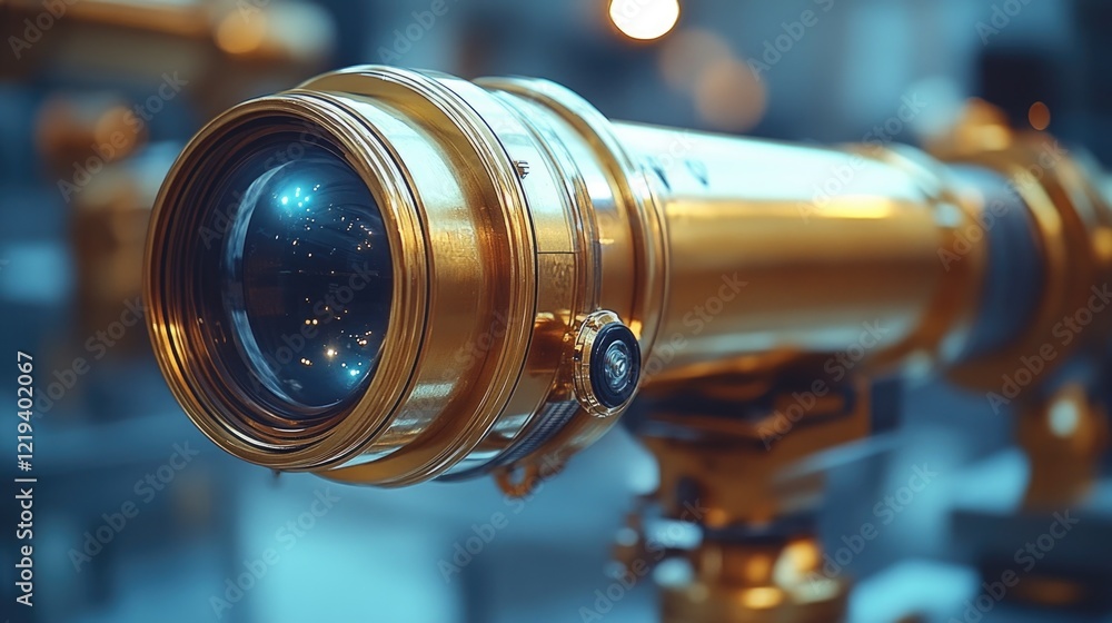 Poster a close-up view of a telescope mounted on a tripod, ready for use