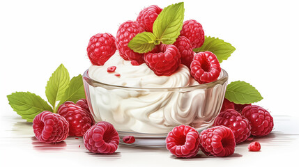 Glass bowl with cream, decorated with fresh raspberries and green mint leaves, surrounded by raspberries and mint leaves, color image, isolated on a white background, without people, picture, image
