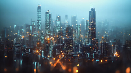 Fototapeta premium Smart digital Innovation city with connection network reciprocity over the twilight cityscape. of future smart wireless digital city and social media networking systems that connects people with city