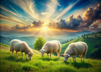 Fototapeta premium Serene Sheep Pasture: Double Exposure Dreamy Landscape Photography