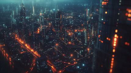 Fototapeta premium Smart digital Innovation city with connection network reciprocity over the twilight cityscape. of future smart wireless digital city and social media networking systems that connects people with city