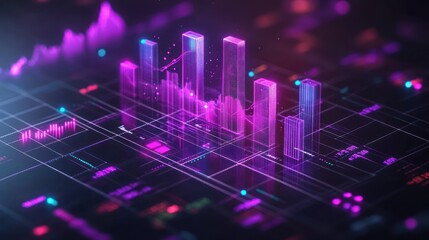 Abstract digital cityscape with glowing bars and lines.