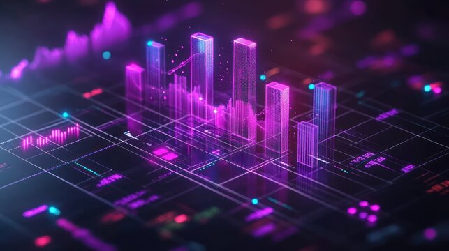 Abstract digital cityscape with glowing bars and lines.